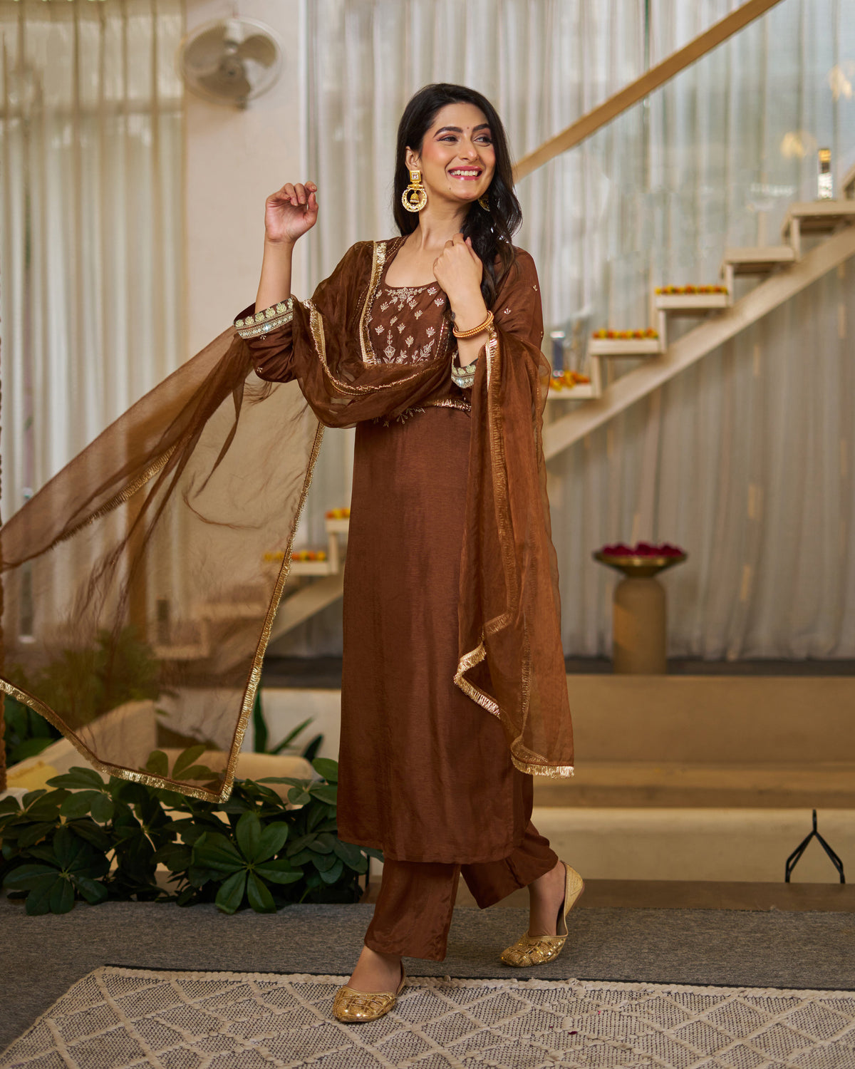Chocolate Brown Vichitra Silk Elegant Festive Suit Set