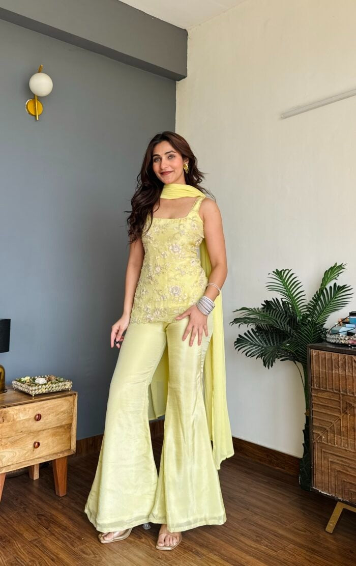 Pastel Yellow Faux Georgette Embroidered Festive Suit Set