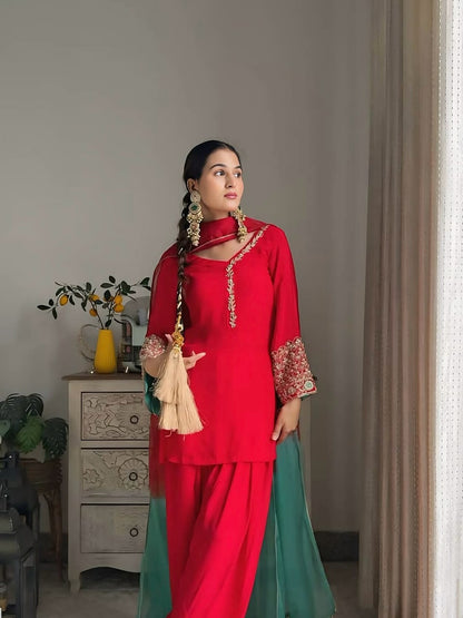 Red Embroidered Heavy Crepe Silk Kurta Set