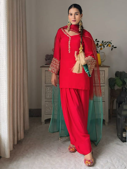 Red Embroidered Heavy Crepe Silk Kurta Set
