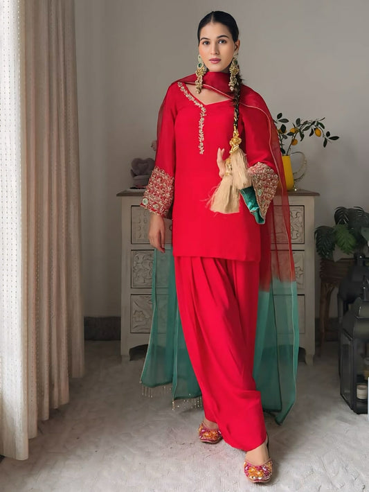Red Embroidered Heavy Crepe Silk Kurta Set
