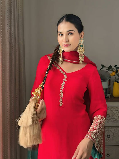 Red Embroidered Heavy Crepe Silk Kurta Set