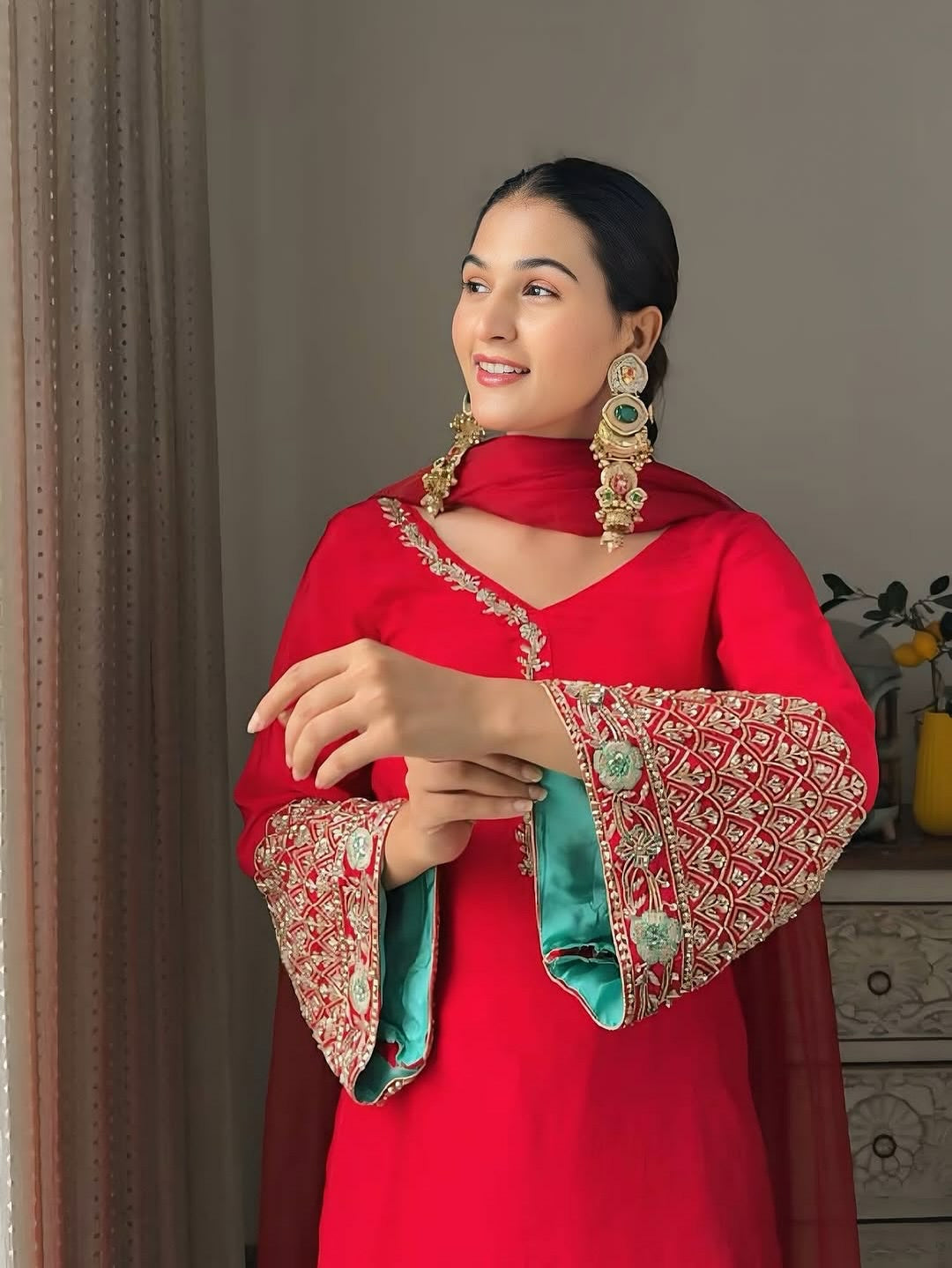 Red Embroidered Heavy Crepe Silk Kurta Set