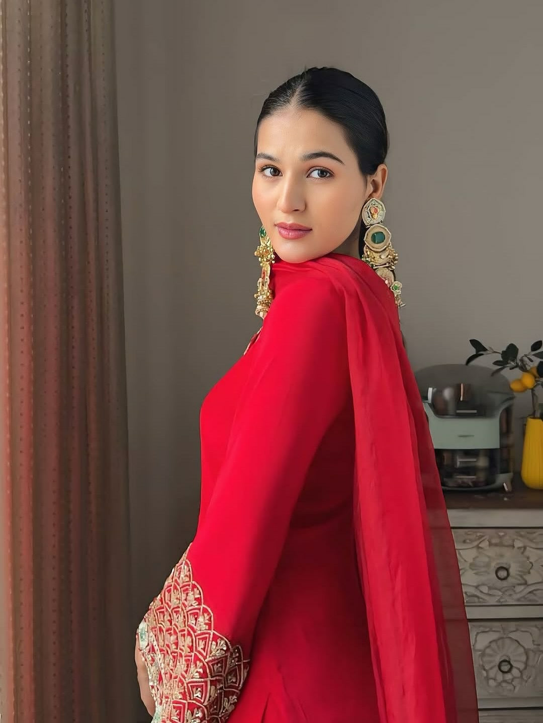 Red Embroidered Heavy Crepe Silk Kurta Set