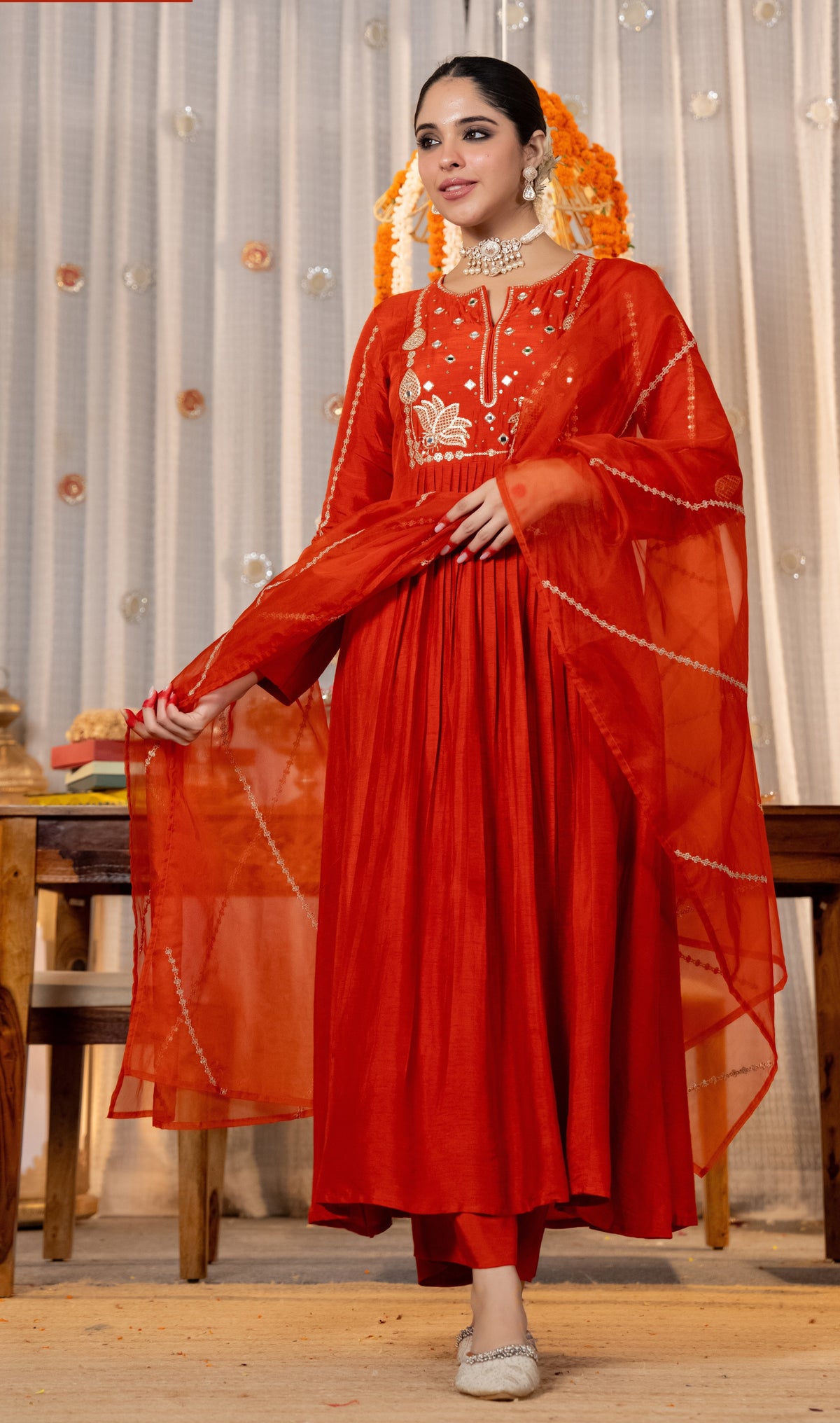 Red Chanderi Silk Embroidered Kurta Set With Dupatta