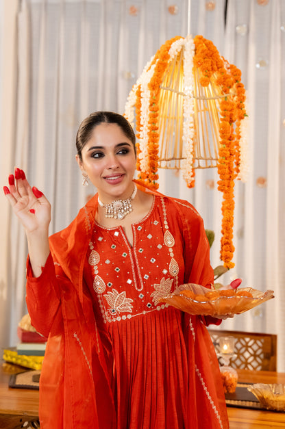 Red Chanderi Silk Embroidered Kurta Set With Dupatta