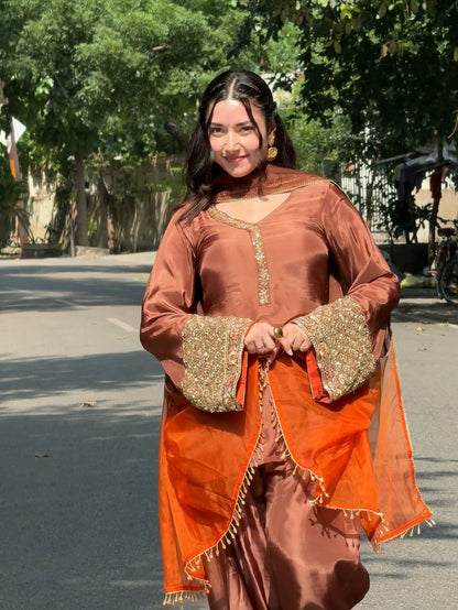 Brown Embroidered Crepe Silk Three-Piece Festive Suit Set