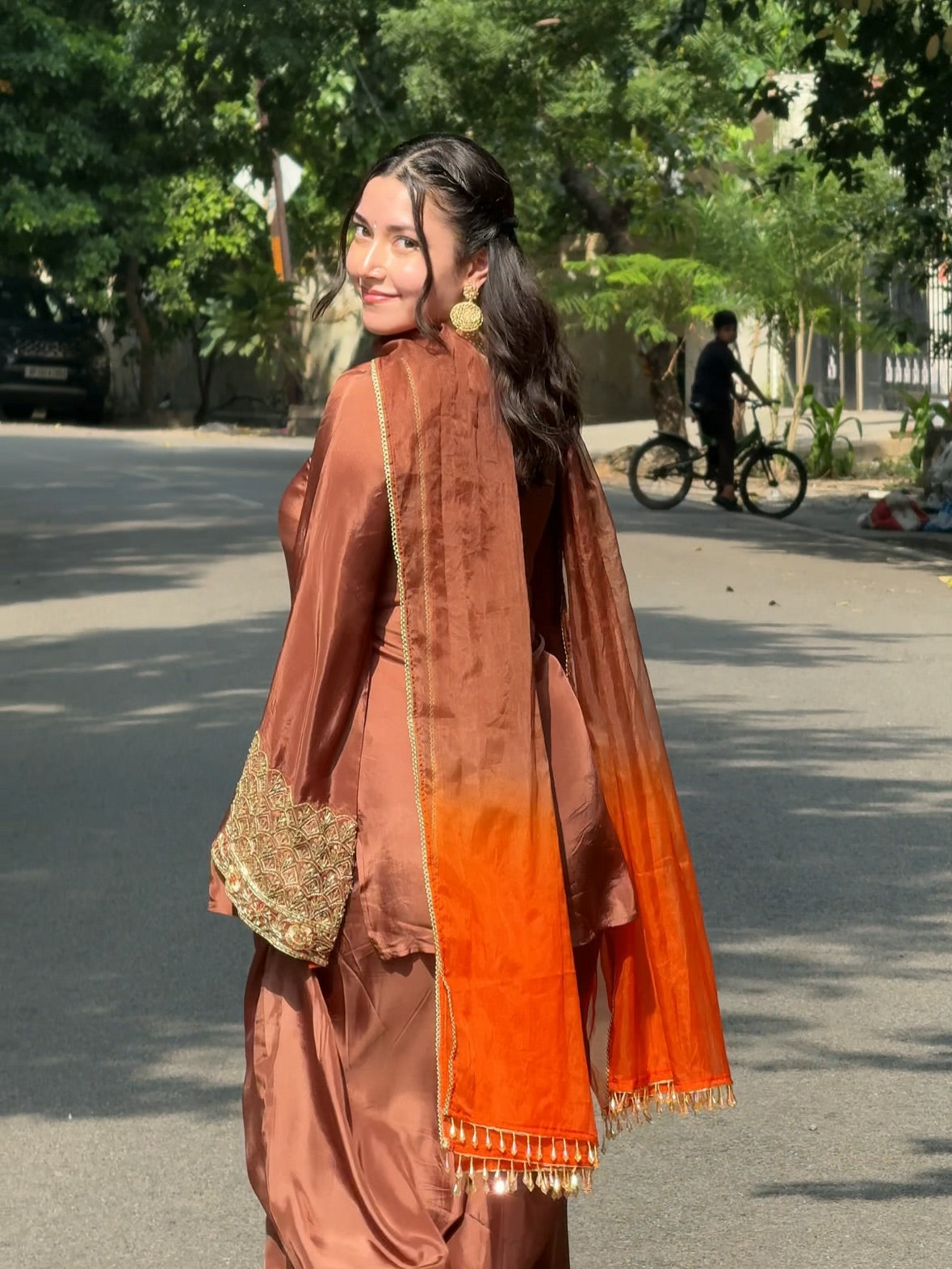 Brown Embroidered Crepe Silk Three-Piece Festive Suit Set