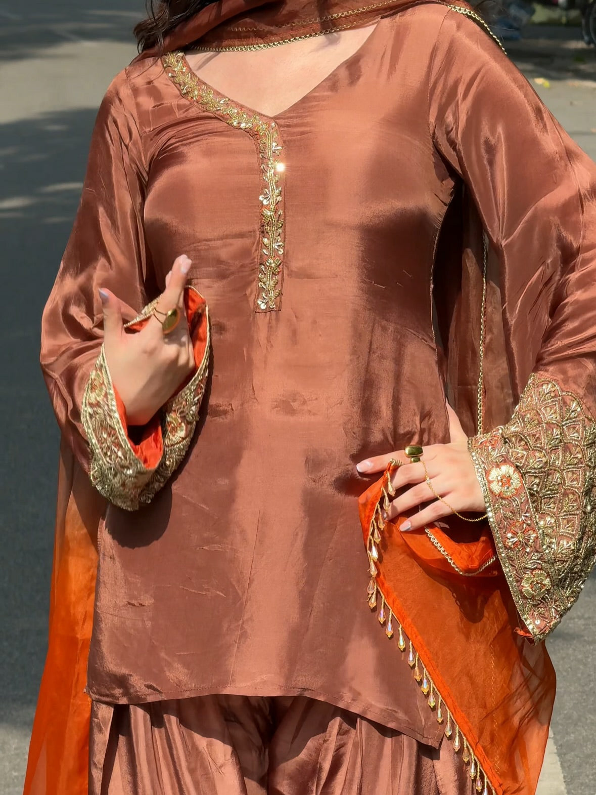 Brown Embroidered Crepe Silk Three-Piece Festive Suit Set