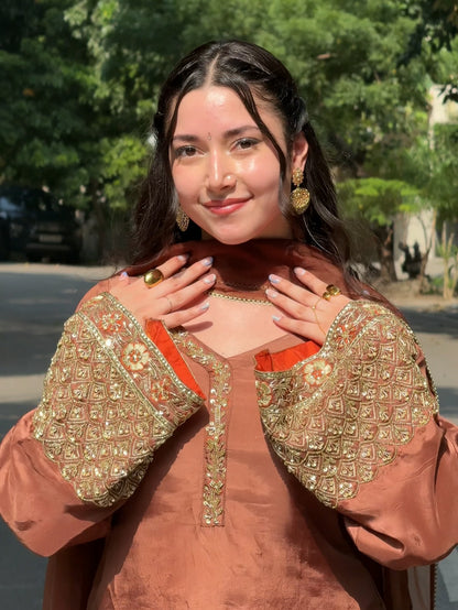 Brown Embroidered Crepe Silk Three-Piece Festive Suit Set