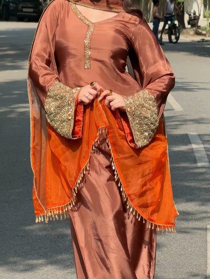 Brown Embroidered Crepe Silk Three-Piece Festive Suit Set