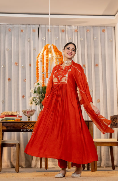 Red Chanderi Silk Embroidered Kurta Set With Dupatta