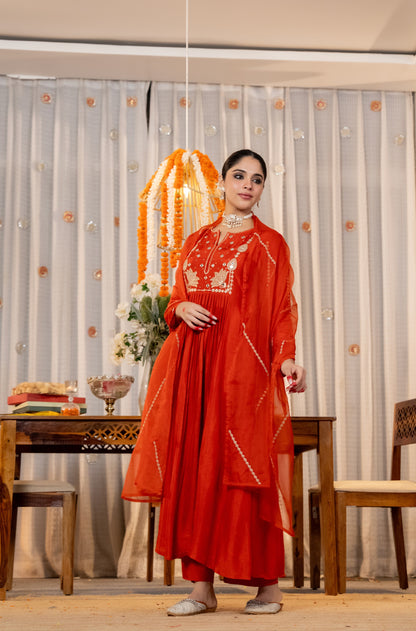 Red Chanderi Silk Embroidered Kurta Set With Dupatta