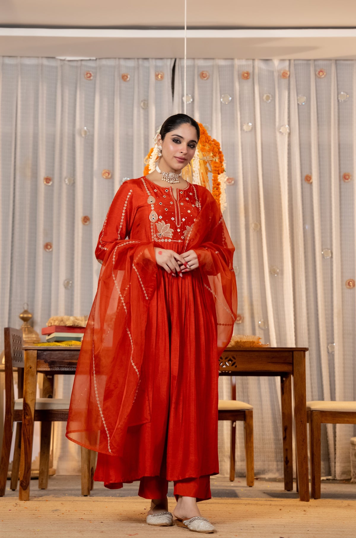 Red Chanderi Silk Embroidered Kurta Set With Dupatta