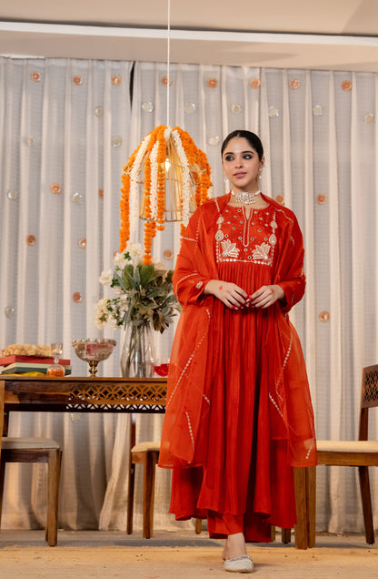 Red Chanderi Silk Embroidered Kurta Set With Dupatta