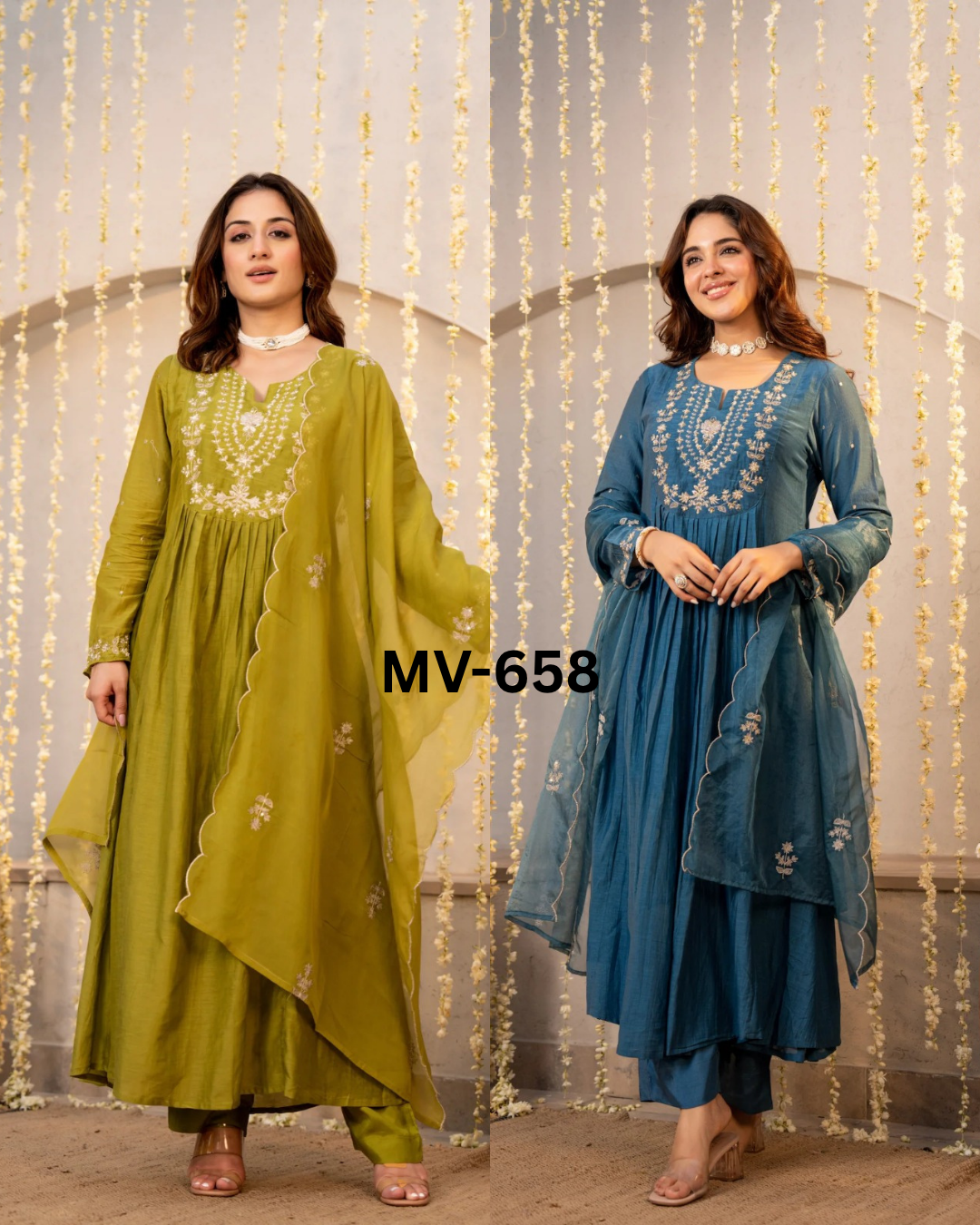 Teal & Olive Green Chanderi Silk Embroidered Festive Suit Set
