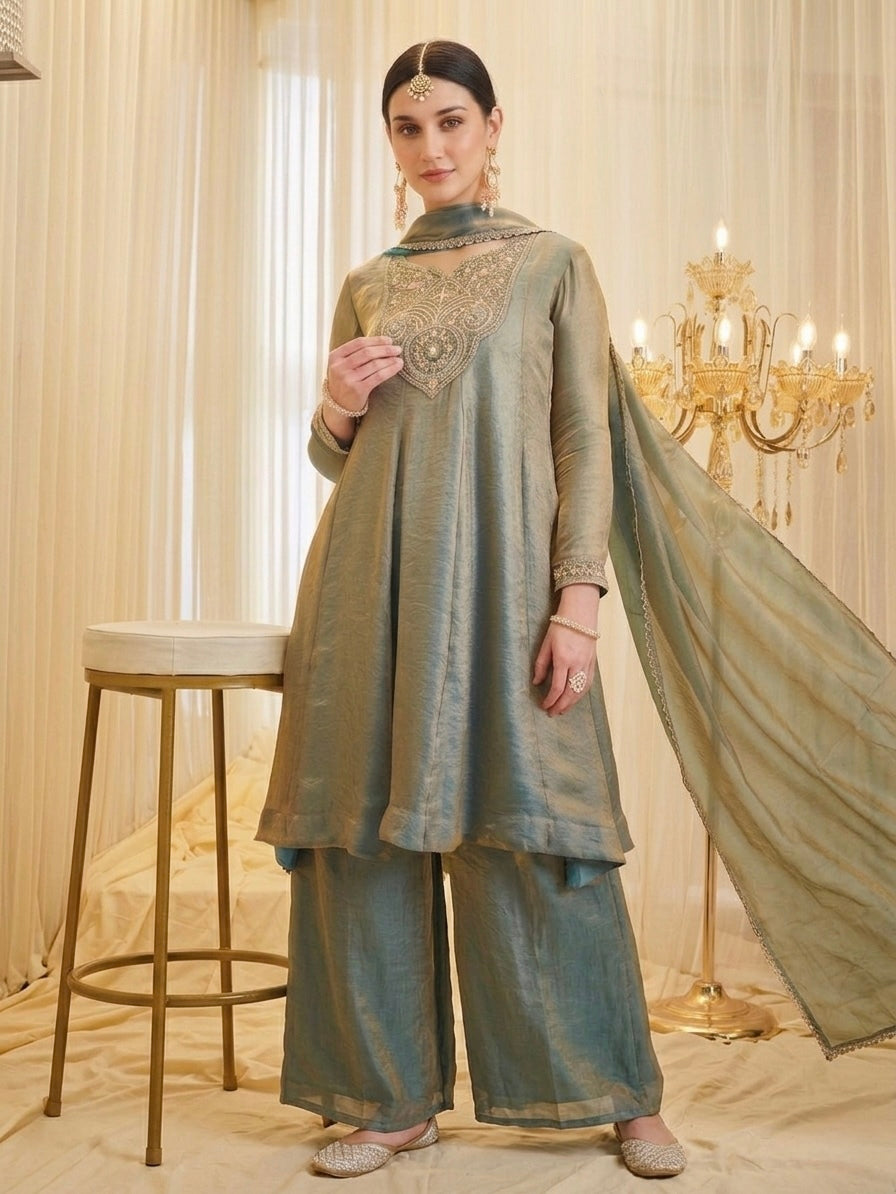Elegant Fandy Silk Embroidered Festive Suit Set