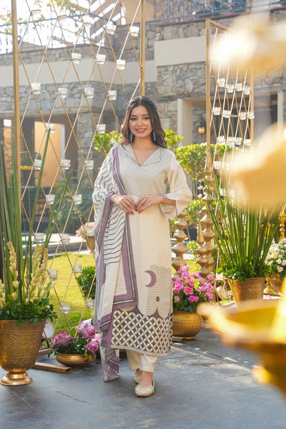 Cream Muslin Printed Kurta Set With Gadhwal Bottom Dupatta