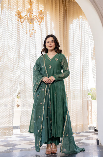 Green Chanderi Silk Embroidered Anarkali Kurta Set With Dupatta