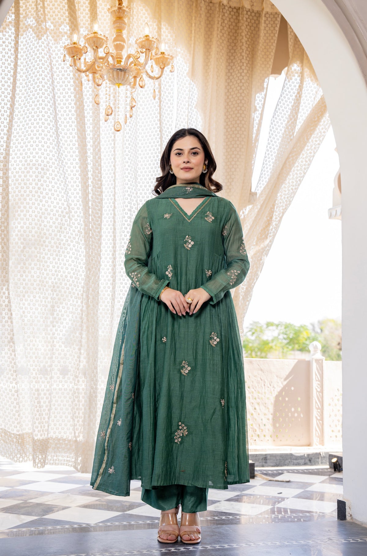 Green Chanderi Silk Embroidered Anarkali Kurta Set With Dupatta