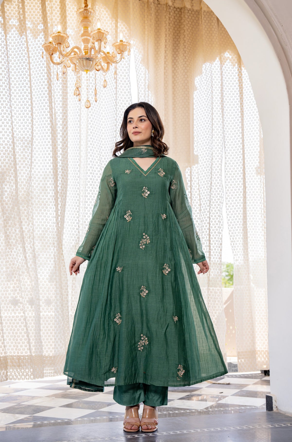 Green Chanderi Silk Embroidered Anarkali Kurta Set With Dupatta