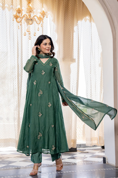 Green Chanderi Silk Embroidered Anarkali Kurta Set With Dupatta