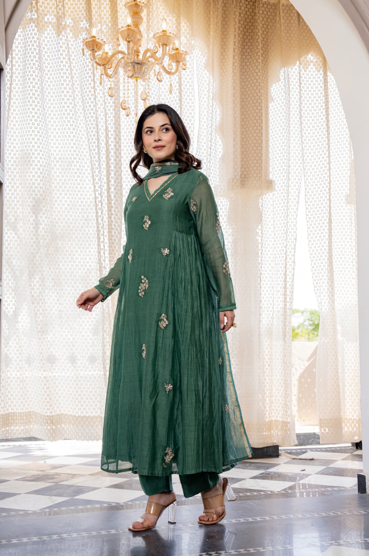 Green Chanderi Silk Embroidered Anarkali Kurta Set With Dupatta