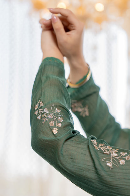 Green Chanderi Silk Embroidered Anarkali Kurta Set With Dupatta