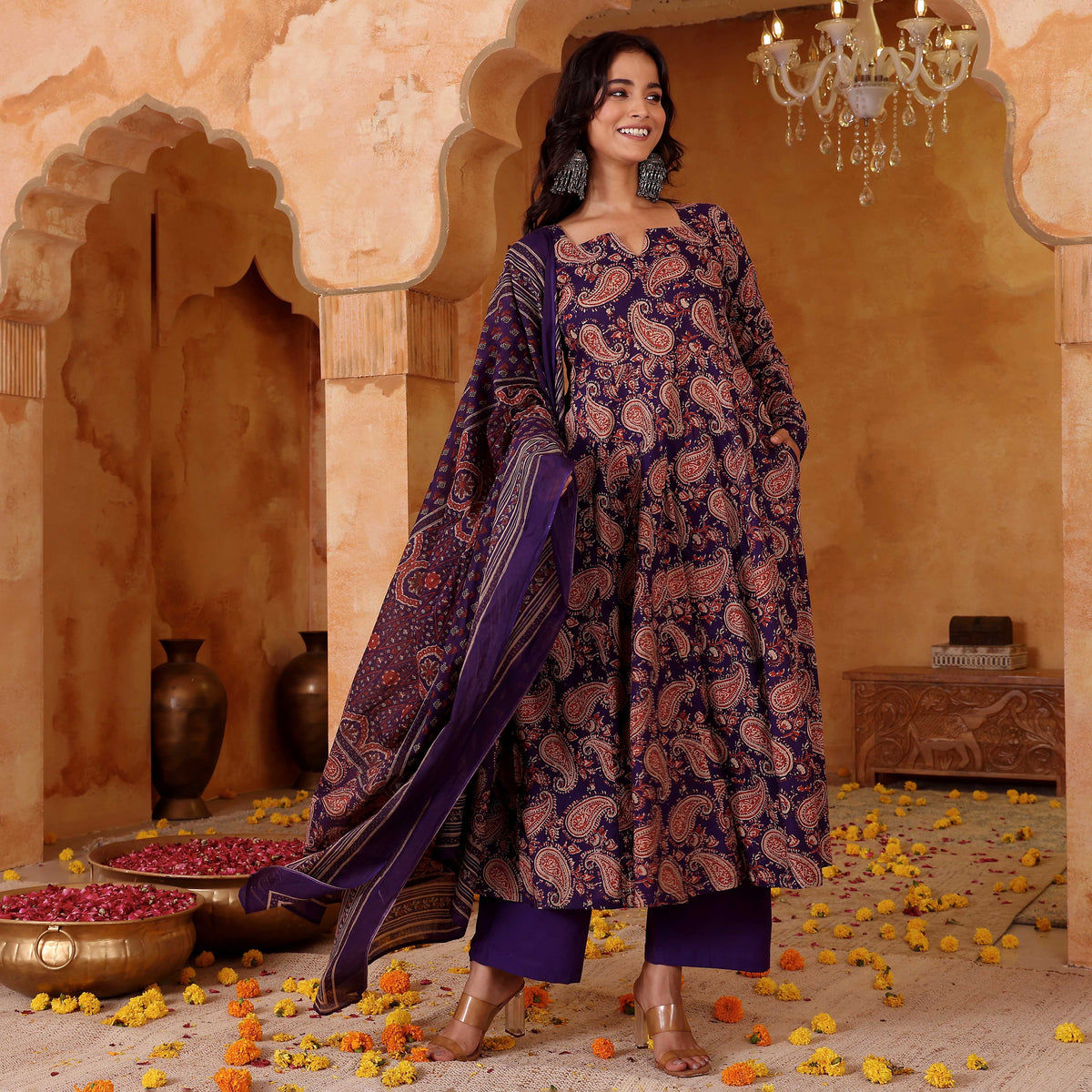 Purple Paisley Printed Rayon Blend Anarkali Suit Set