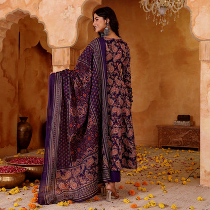 Purple Paisley Printed Rayon Blend Anarkali Suit Set