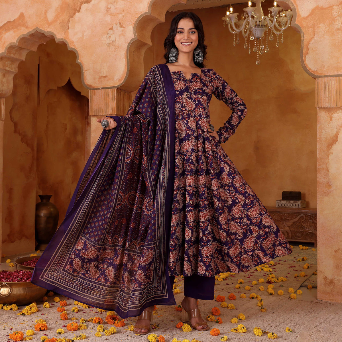 Purple Paisley Printed Rayon Blend Anarkali Suit Set