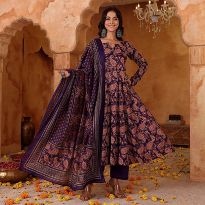 Purple Paisley Printed Rayon Blend Anarkali Suit Set