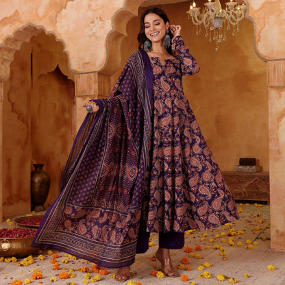 Purple Paisley Printed Rayon Blend Anarkali Suit Set