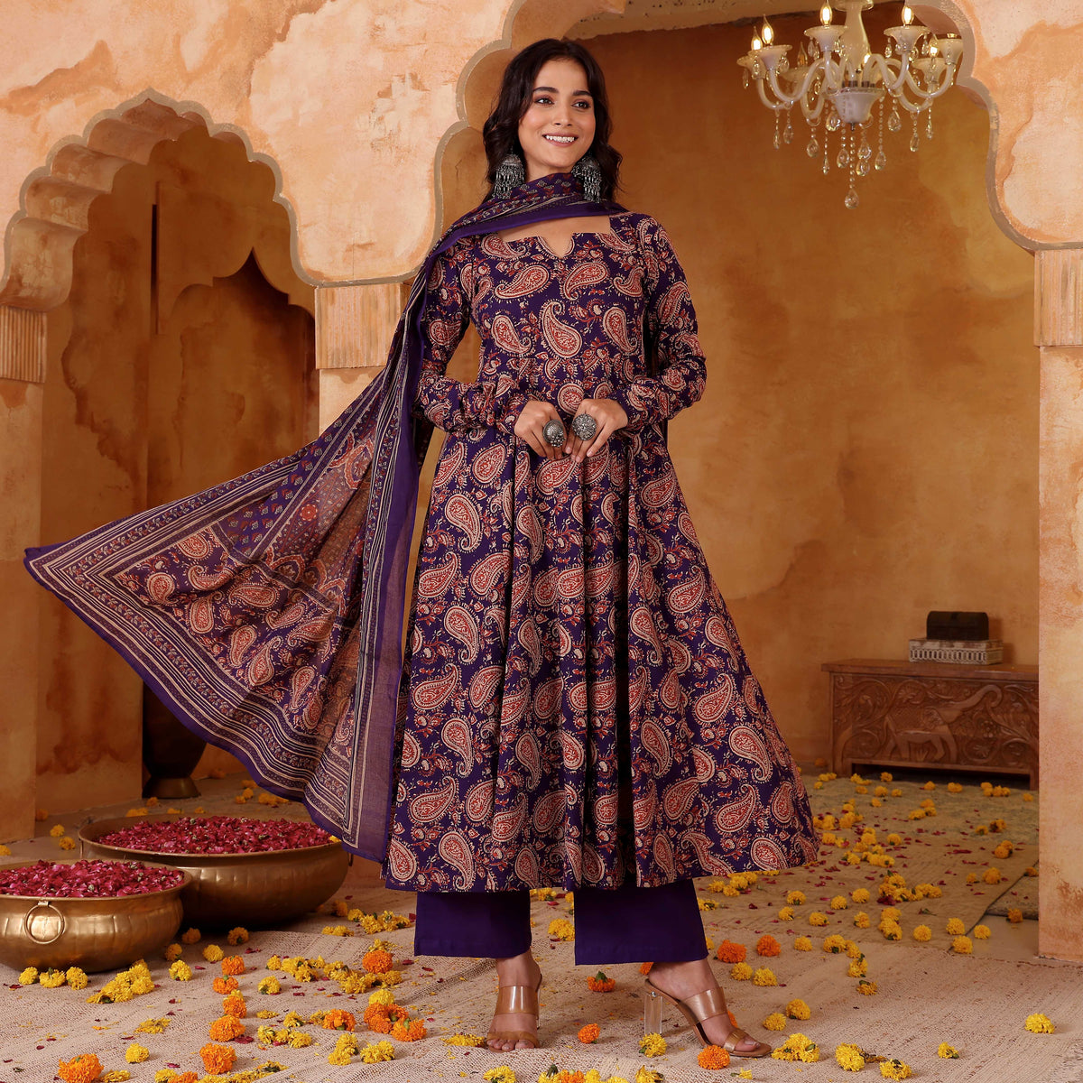 Purple Paisley Printed Rayon Blend Anarkali Suit Set