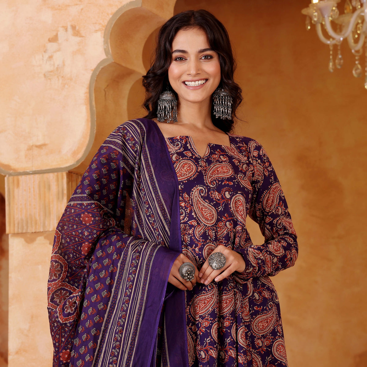 Purple Paisley Printed Rayon Blend Anarkali Suit Set