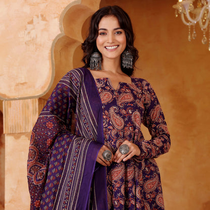Purple Paisley Printed Rayon Blend Anarkali Suit Set