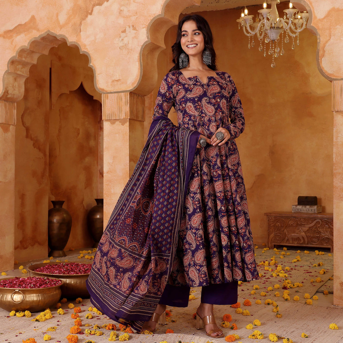 Purple Paisley Printed Rayon Blend Anarkali Suit Set