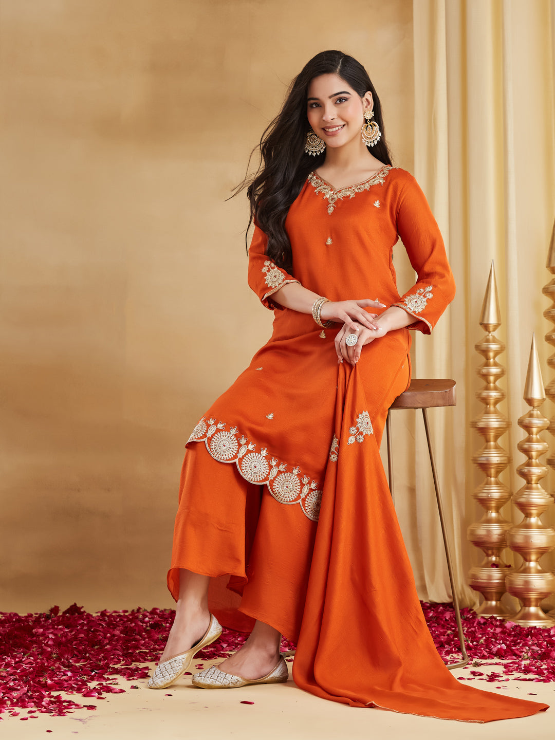 Orange Vichitra Silk Embroidered Festive Suit Set