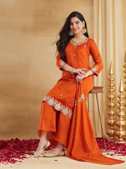Orange Vichitra Silk Embroidered Festive Suit Set