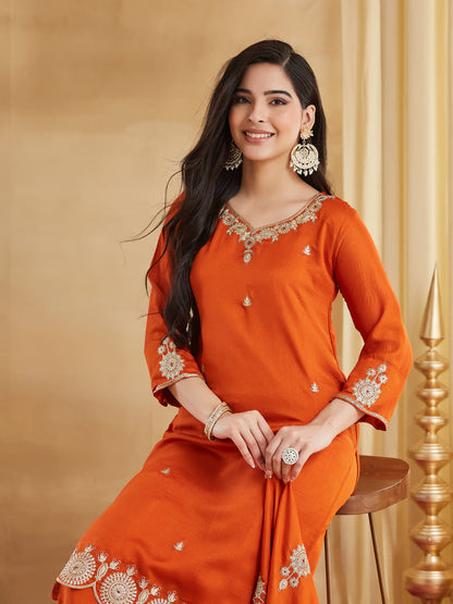 Orange Vichitra Silk Embroidered Festive Suit Set
