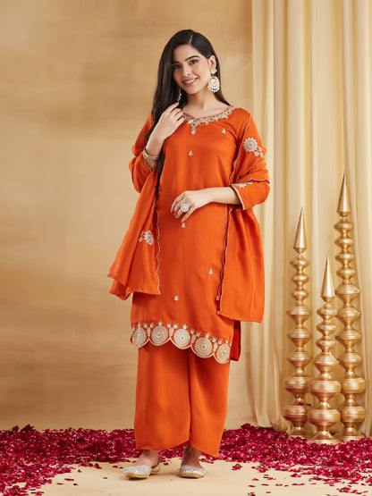Orange Vichitra Silk Embroidered Festive Suit Set
