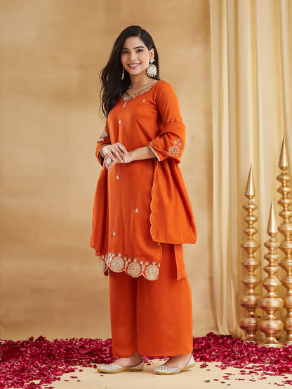 Orange Vichitra Silk Embroidered Festive Suit Set