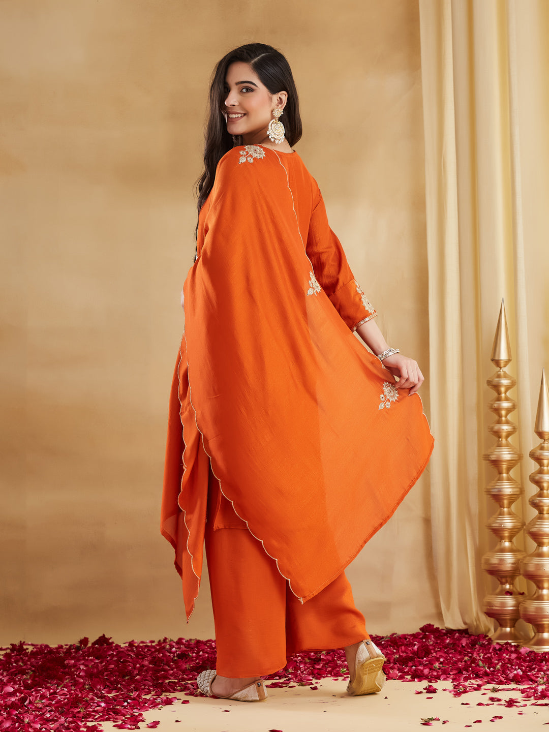 Orange Vichitra Silk Embroidered Festive Suit Set