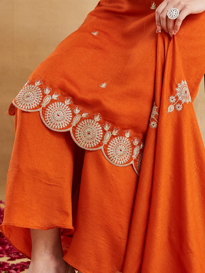 Orange Vichitra Silk Embroidered Festive Suit Set