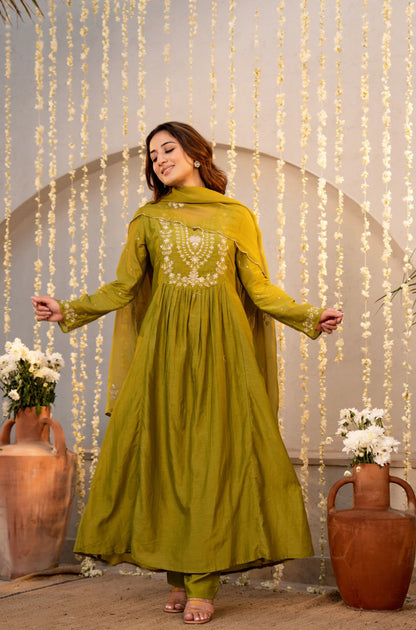 Teal & Olive Green Chanderi Silk Embroidered Festive Suit Set