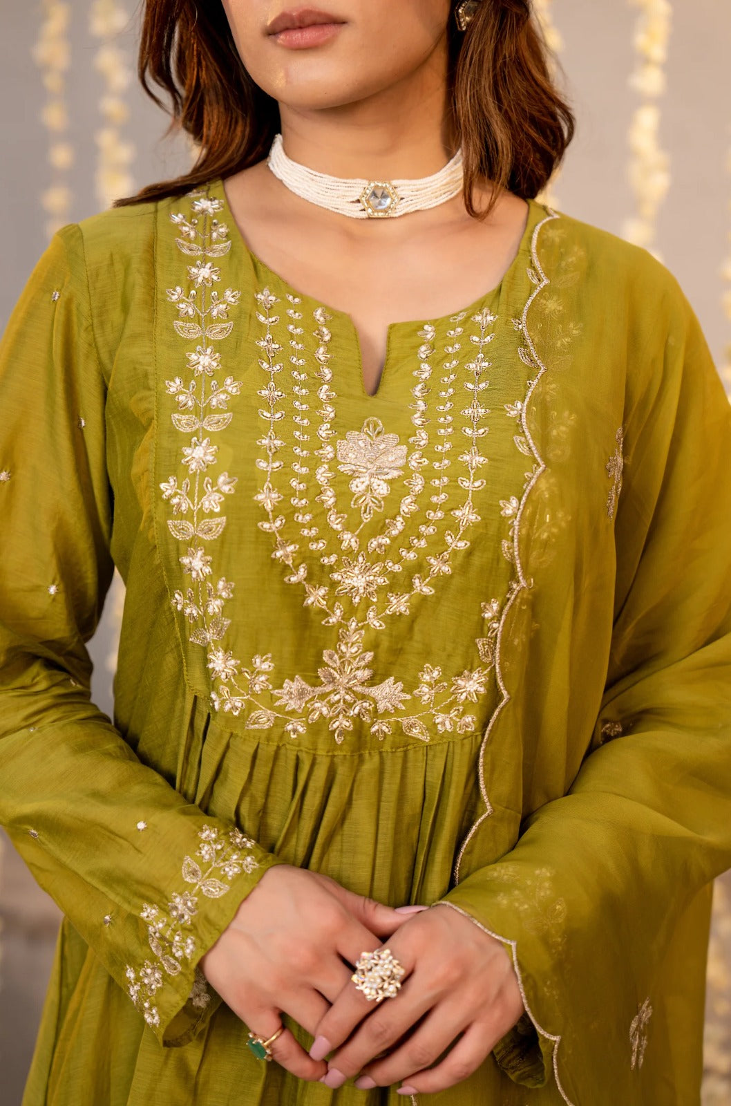 Teal & Olive Green Chanderi Silk Embroidered Festive Suit Set