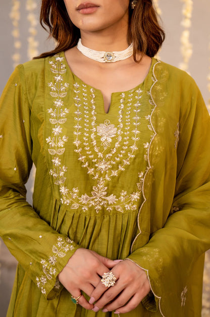 Teal & Olive Green Chanderi Silk Embroidered Festive Suit Set