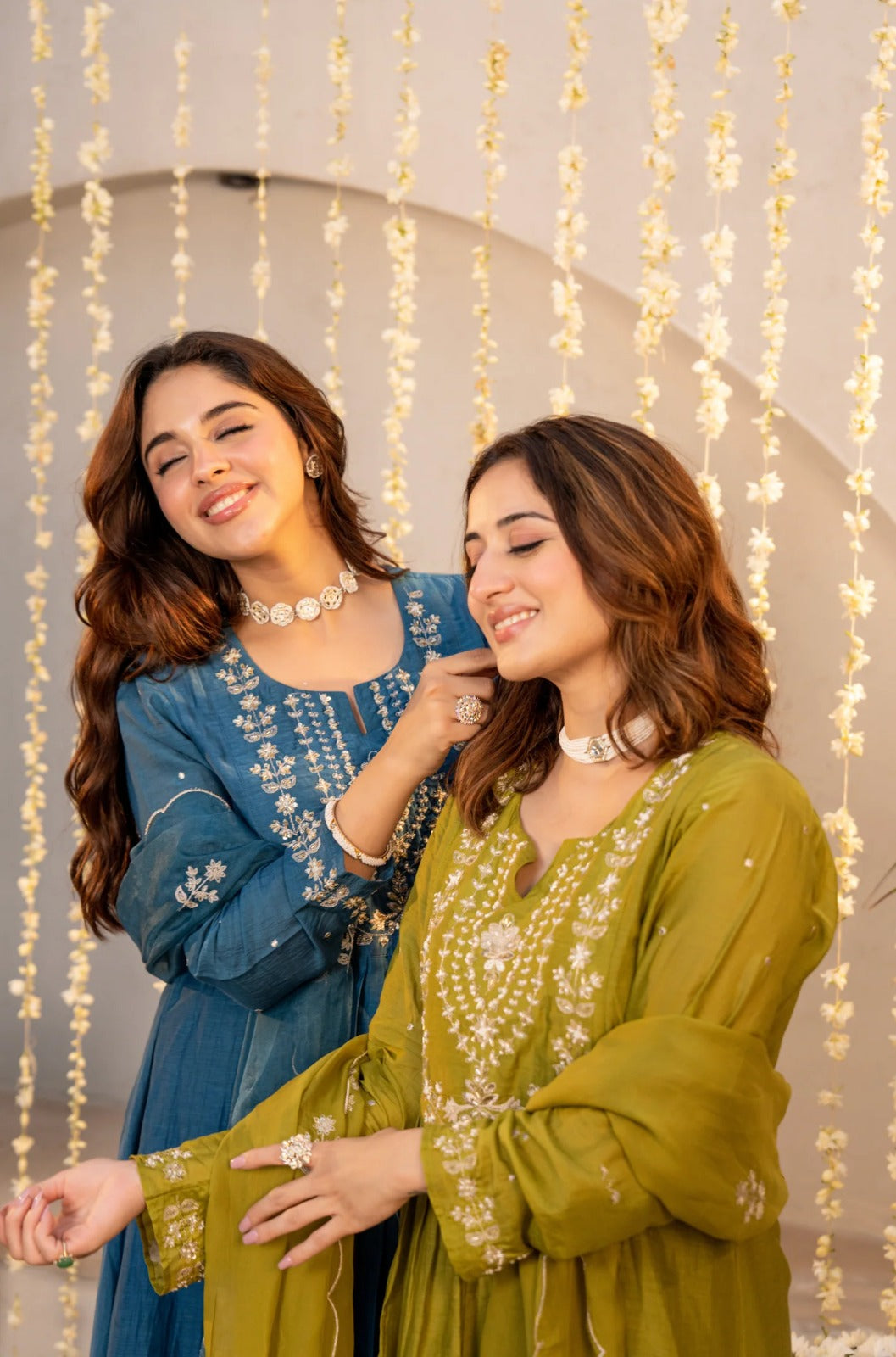 Teal & Olive Green Chanderi Silk Embroidered Festive Suit Set