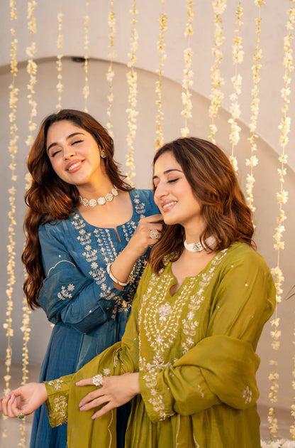 Teal & Olive Green Chanderi Silk Embroidered Festive Suit Set