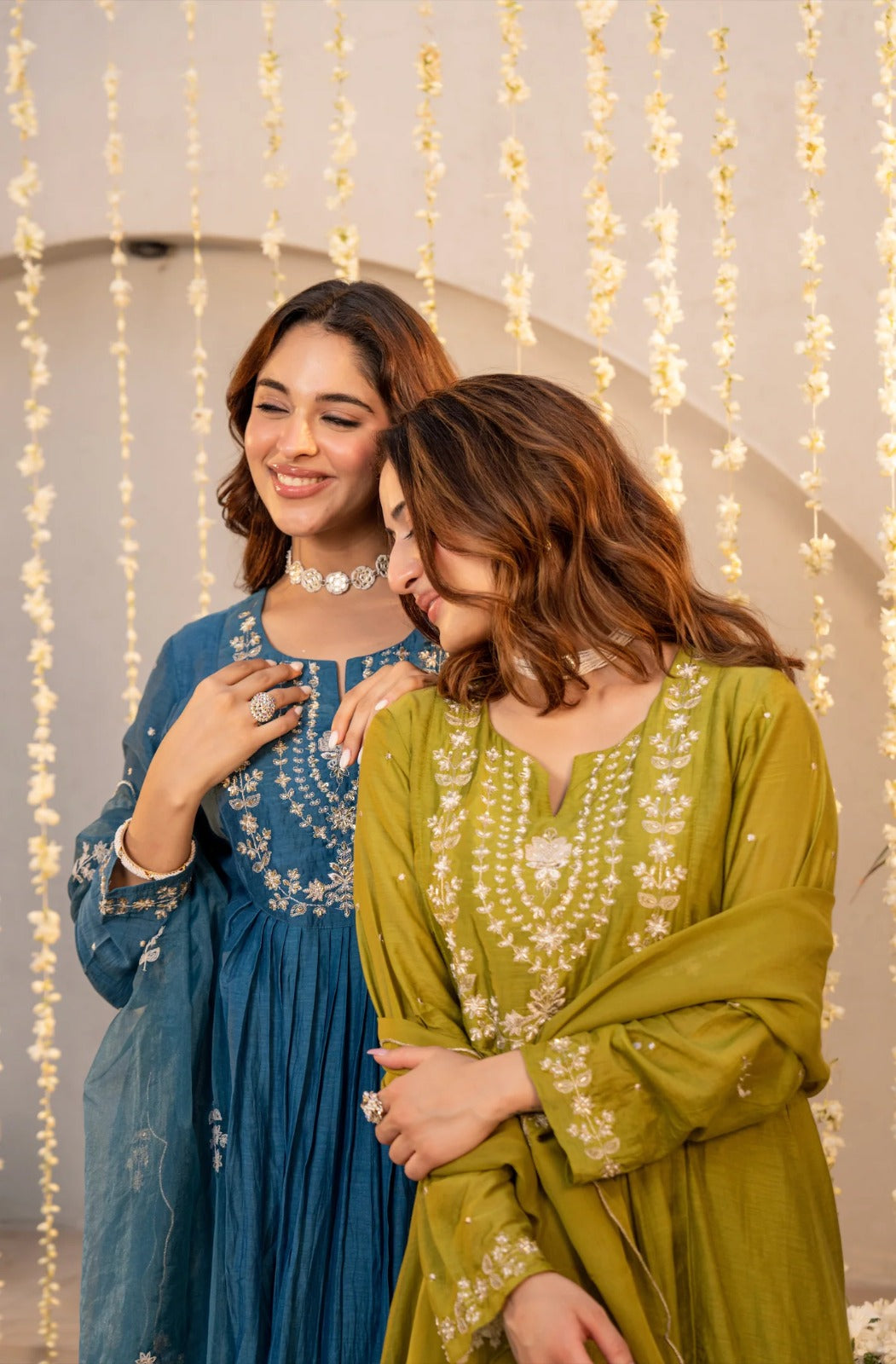 Teal & Olive Green Chanderi Silk Embroidered Festive Suit Set
